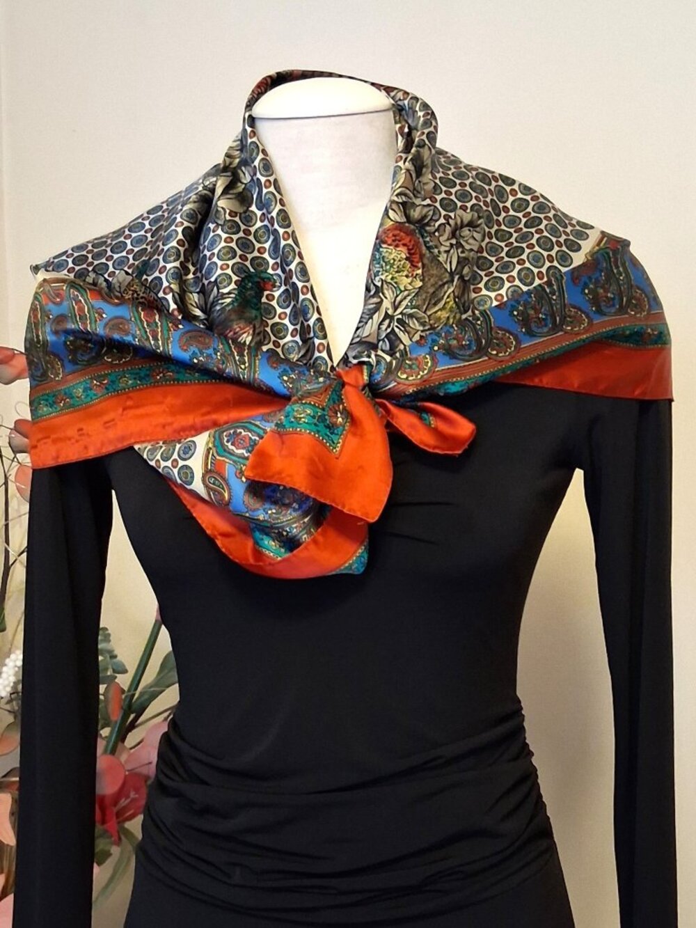Vintage Silk Square Scarf Large Floral Pheasant Print Rare Luxury Head Scarves